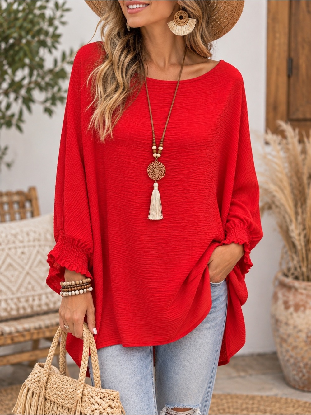 The ZigZag Stripe Plus Red Boho Textured Batwing Tunic Top One Size Plus